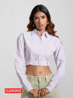MIXT by Nykaa Fashion - Maroon White Striped Collar Neck Belted Straight Shirt