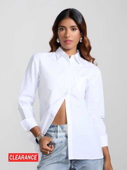 MIXT by Nykaa Fashion - White Solid Full Sleeves Heart Pocket Long Shirt