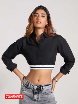 MIXT by Nykaa Fashion - Black Solid Full Sleeves Bodycon Crop Shirt