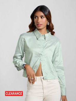 MIXT by Nykaa Fashion - Green White Striped Collar Neck Full Sleeves Shirt