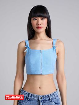 MIXT by Nykaa Fashion - Light Blue Solid Square Neck Strappy Linen Crop Top