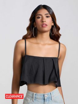 MIXT by Nykaa Fashion - Black Solid Square Neck Pleated Linen Crop Top