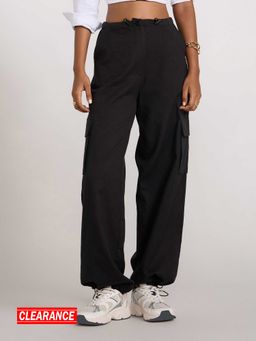 MIXT by Nykaa Fashion - Black Solid Mid Waist Linen Parachute Pants