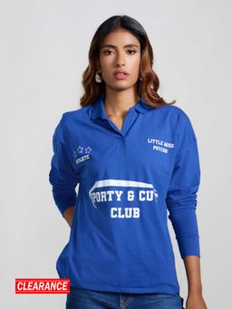 MIXT by Nykaa Fashion - Royal Blue Graphic Collar Neck Full Sleeves T-Shirt
