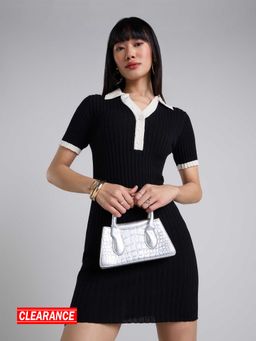 MIXT by Nykaa Fashion - Black Solid Collared Mini Bodycon Ribbed Dress