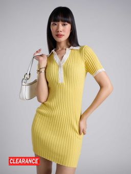 MIXT by Nykaa Fashion - Lemon Yellow Solid Collared Mini Bodycon Ribbed Dress