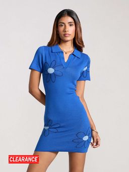 MIXT by Nykaa Fashion - Royal Blue Floral Jacquard Patterned Collared Mini Bodycon Dress