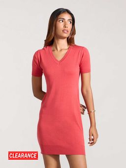 MIXT by Nykaa Fashion - Cherry Red Solid V Neck Mini Bodycon Dress