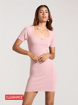 MIXT by Nykaa Fashion - Salmon Pink Textured Square Neck Bodycon Mini Dress