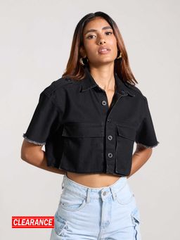 MIXT by Nykaa Fashion - Black Solid Oversized Contrasting Stitch Crop Denim Shirt