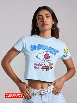 MIXT by Nykaa Fashion - Baby Blue Rolling Peanut Graphic Printed Crop T-Shirt