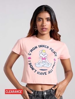 MIXT by Nykaa Fashion - Peach and Blue Looney Tunes Graphic Printed Short Sleeves Crop T-Shirt