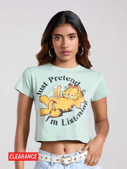 MIXT by Nykaa Fashion - Light Green Garfield Graphic Printed Short Sleeves Crop T-Shirt