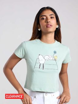 MIXT by Nykaa Fashion - Light Green Peanut Graphic Printed Short Sleeves Crop T-Shirt