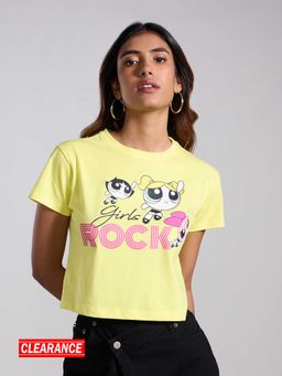 MIXT by Nykaa Fashion - Lemon Yellow Power Puff Girls Graphic Printed Short Sleeves Crop T-Shirt