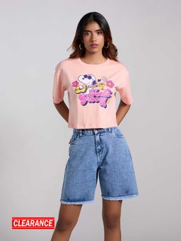 MIXT by Nykaa Fashion - Peach and Pink Peanut Graphic Printed Short Sleeves Crop T-Shirt