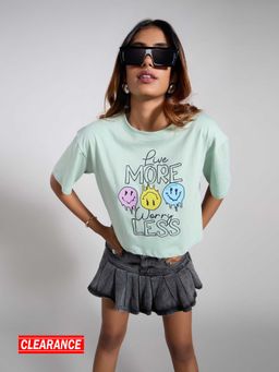 MIXT by Nykaa Fashion - Light Green Smiley Graphic Printed Half Sleeve Crop T-Shirt