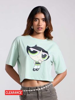 MIXT by Nykaa Fashion - Light Green Power Puff Girls Graphic Printed Short Sleeves Crop T-Shirt