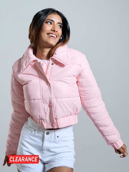 MIXT by Nykaa Fashion - Pink Solid Collar Neck Full Sleeves Quilted Crop Puffer Jacket