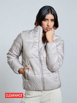 MIXT by Nykaa Fashion - Gunmetal Solid High Neck Full Sleeves Quilted Puffer Jacket