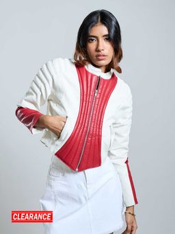 MIXT by Nykaa Fashion - White Red Colorblock Round Neck Crop Leather Biker Jacket