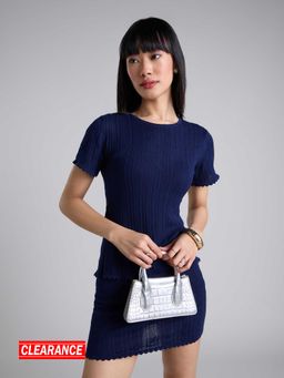 MIXT by Nykaa Fashion - Navy Blue Ribbed Round Neck Top Mid Waist Mini Skirt Co Ord (Set of 2)