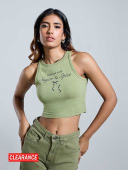 MIXT by Nykaa Fashion - Olive Green and Black Bow Graphic Printed Tank Top