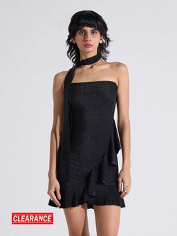 MIXT by Nykaa Fashion - Black Shimmered Tube Neck Ruffle Mini Dress with Scarf (Set of 2)