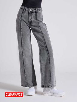 MIXT by Nykaa Fashion - Charcoal Grey Washed Mid Waist Pintuck Straight Fit Denim