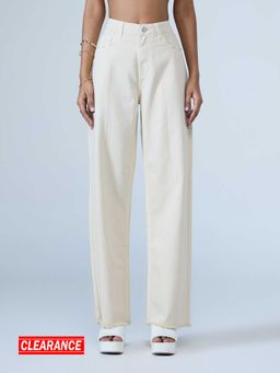 MIXT by Nykaa Fashion - Beige Washed Mid Waist Straight Denim Jeans