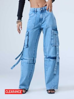 MIXT by Nykaa Fashion - Light Blue Washed High Waist Wide Leg Cargo Denim Jeans