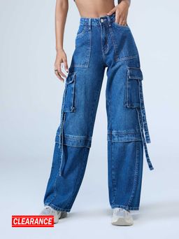 MIXT by Nykaa Fashion - Dark Blue Washed High Waist Wide Leg Cargo Denim Jeans