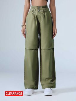 MIXT by Nykaa Fashion - Olive Green Mid Waist Straight Fit Trousers