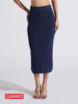 MIXT by Nykaa Fashion - Navy Blue High Waist Back Slit Midi Skirt