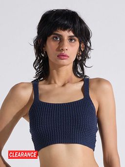 MIXT by Nykaa Fashion - Navy Blue Self Design Fitted Strappy Crop Top