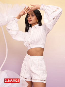 RSVP by Nykaa Fashion - White Textured Lace Crop Shirt and Shorts Co-Ord (Set of 2)