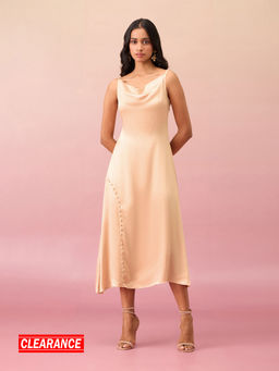 RSVP by Nykaa Fashion - Beige Satin Solid Cowl Neck Strappy Midi Dress