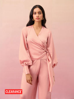 RSVP by Nykaa Fashion - Pink Solid Bishop Sleeves Satin Wrap Top