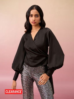 RSVP by Nykaa Fashion - Black Solid V Neck Bishop Sleeves Wrap Top