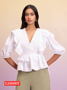 RSVP by Nykaa Fashion - White Solid Ruffle V Neck Puff Sleeves Top