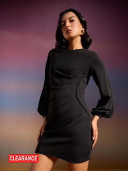 RSVP by Nykaa Fashion - Black Solid Round Neck Full Puff Sleeves Pleated Mini Dress