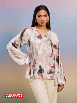 RSVP by Nykaa Fashion - Grey Abstract Printed Pleated Full Bishop Sleeves Top