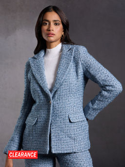 RSVP by Nykaa Fashion - Ice Blue Solid Lapel Collar Single Breasted Tweed Blazer