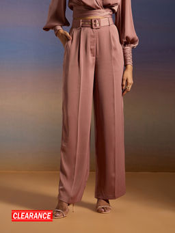 RSVP by Nykaa Fashion - Mauve Solid High Waist Straight Fit Satin Pants with Belt (Set of 2)