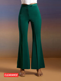 RSVP by Nykaa Fashion - Green Solid High Waist Fit and Flare Pants