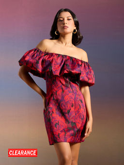 RSVP by Nykaa Fashion - Red and Black Jacquard Off Shoulder Ballon Panel Mini Dress