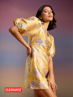 RSVP by Nykaa Fashion - Yellow and Lilac Jacquard Balloon Sleeves Bodycon Mini Dress (2XL)