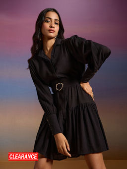 RSVP by Nykaa Fashion - Black Solid Bishop Sleeves Fit And Flare Short Shirt Dress