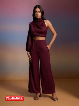 RSVP by Nykaa Fashion - Wine Satin Cowl Neck Crop Top Straight Pants Co Ord Set (Set of 2)