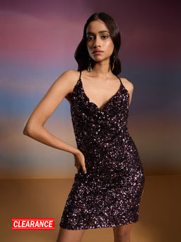 RSVP by Nykaa Fashion - Black And Purple Sequined Cowl Neck Strappy Short Dress